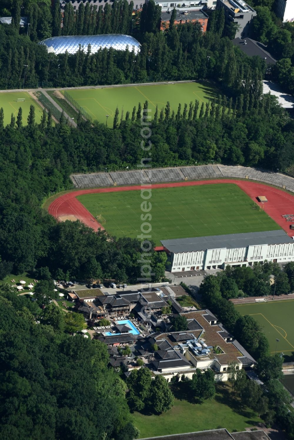 Berlin from above - Football stadium of the football club SC-Union Berlin 06 e.V. Poststadion on Lehrter Strasse in Berlin