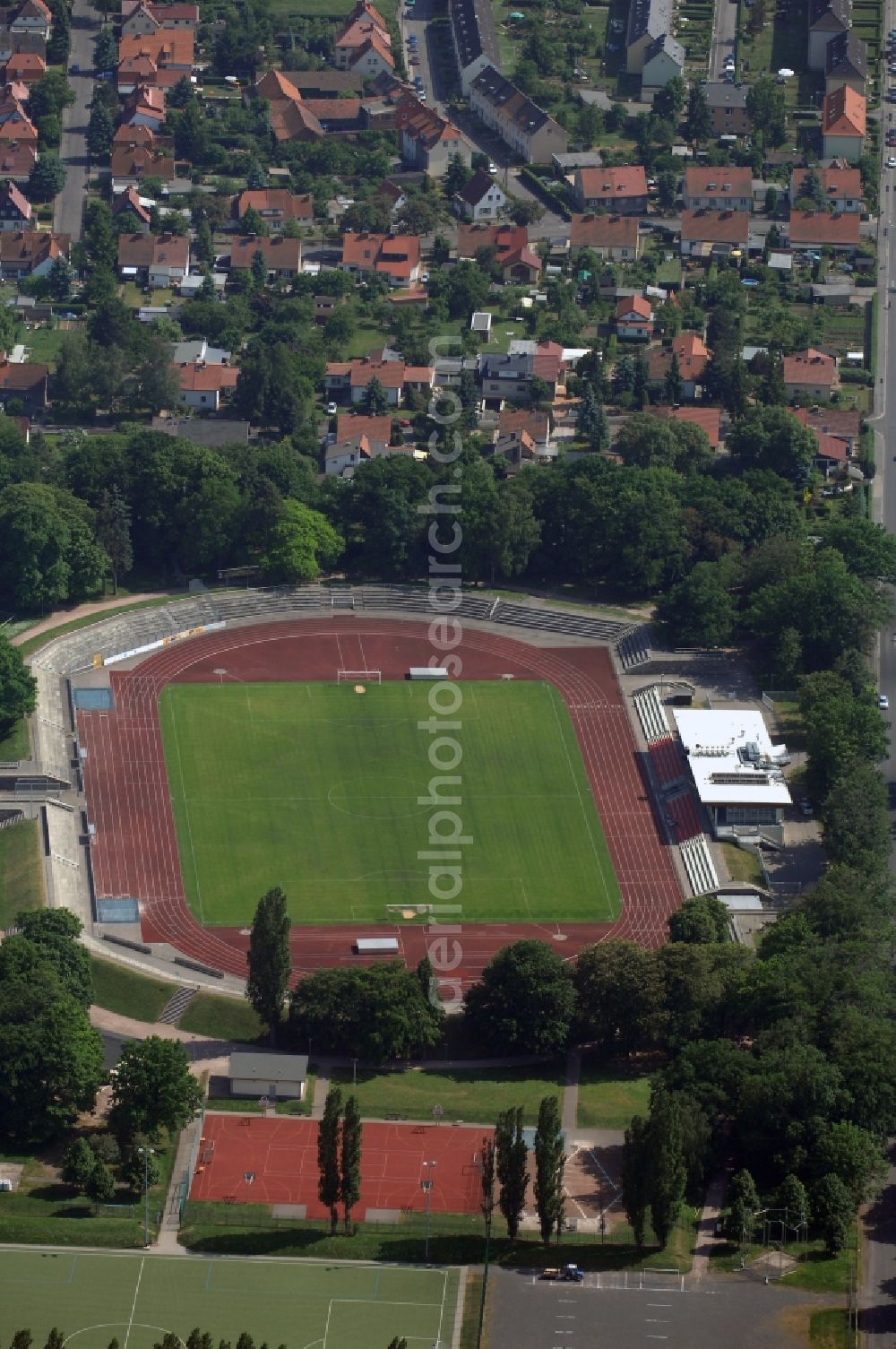 Aerial image Gotha - Football stadium Volkspark-Stadion Gotha on Pfullendorfer Strasse in Gotha in the state Thuringia, Germany