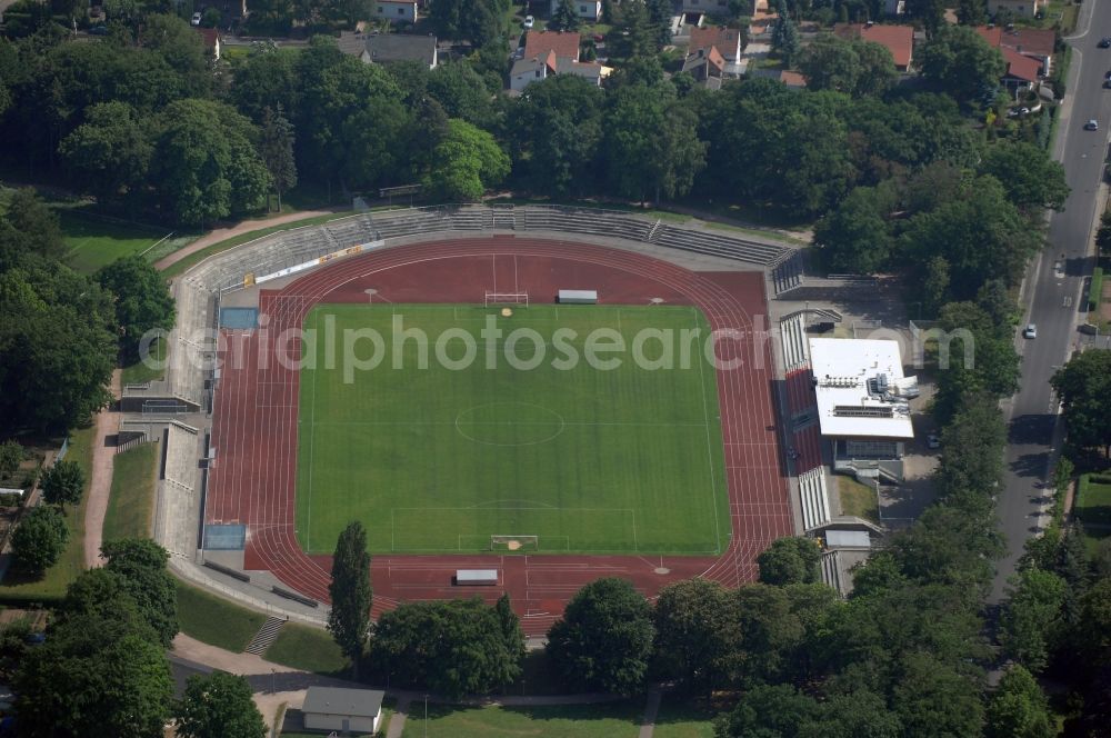 Gotha from the bird's eye view: Football stadium Volkspark-Stadion Gotha on Pfullendorfer Strasse in Gotha in the state Thuringia, Germany