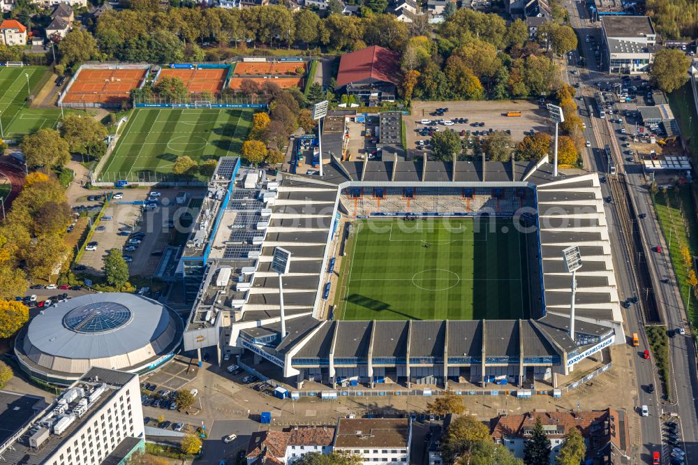 Bochum from above - Football stadium Vonovia Ruhrstadion on Castroper Strasse in the district of Bochum Mitte in Bochum in the Ruhr area in the federal state of North Rhine-Westphalia, Germany