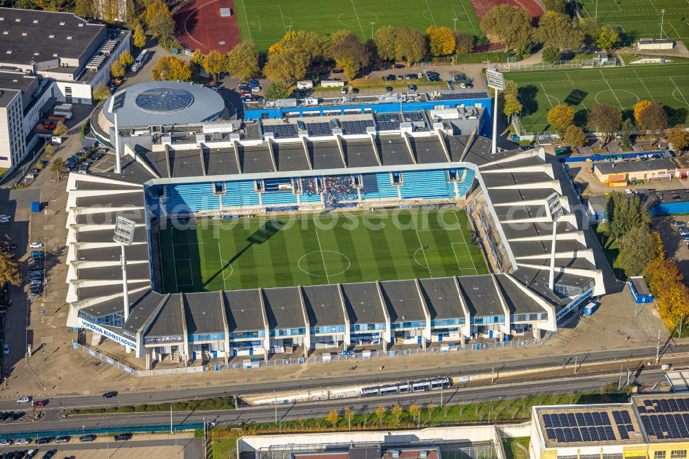 Bochum from the bird's eye view: Football stadium Vonovia Ruhrstadion on Castroper Strasse in the district of Bochum Mitte in Bochum in the Ruhr area in the federal state of North Rhine-Westphalia, Germany