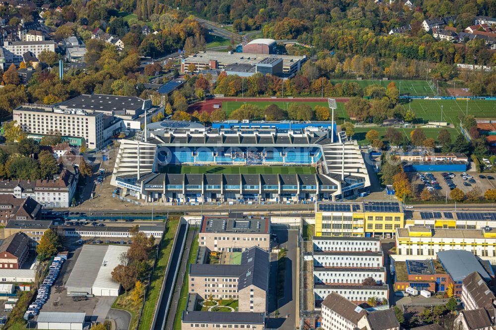 Aerial photograph Bochum - Football stadium Vonovia Ruhrstadion on Castroper Strasse in the district of Bochum Mitte in Bochum in the Ruhr area in the federal state of North Rhine-Westphalia, Germany