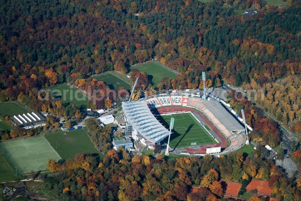 Aerial image Karlsruhe - Football stadium of the football club Wildparkstadion des KSC in Karlsruhe in the state Baden-Wuerttemberg