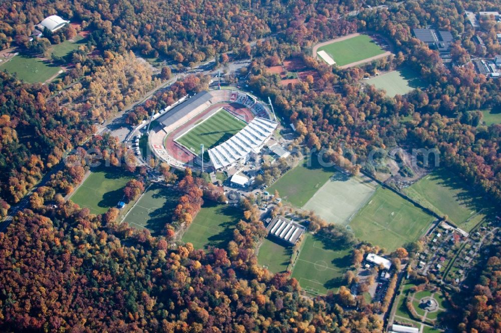 Karlsruhe from the bird's eye view: Football stadium of the football club Wildparkstadion des KSC in Karlsruhe in the state Baden-Wuerttemberg