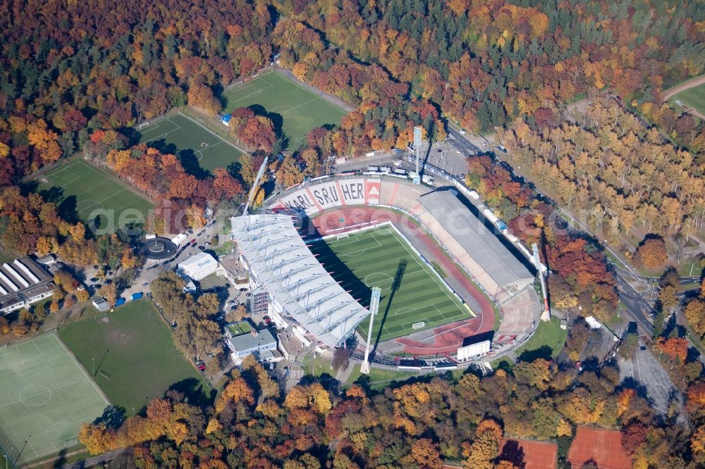 Aerial image Karlsruhe - Football stadium of the football club Wildparkstadion des KSC in Karlsruhe in the state Baden-Wuerttemberg