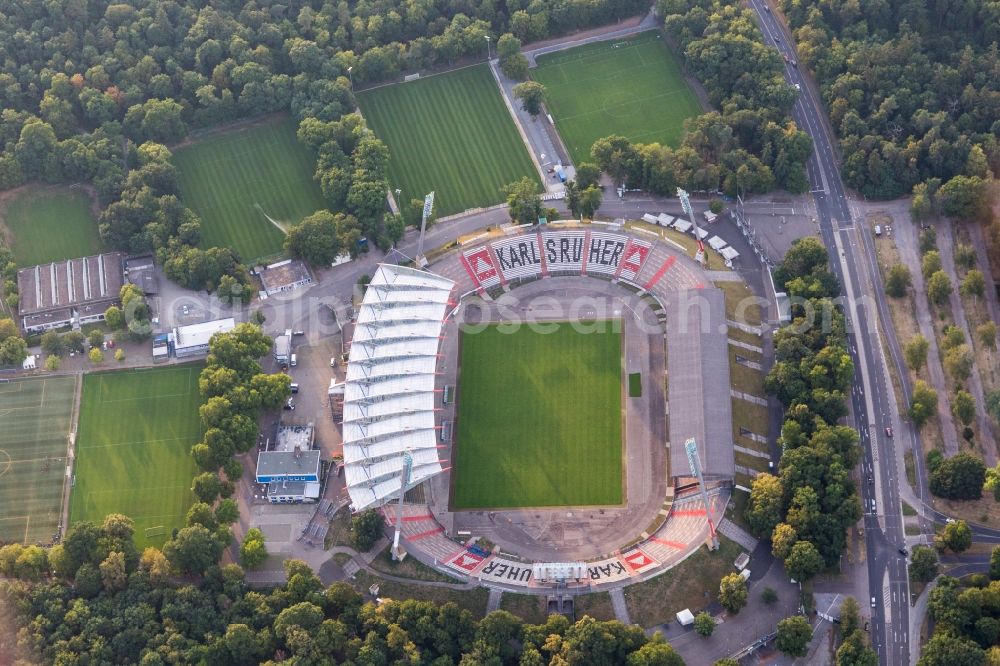 Karlsruhe from the bird's eye view: Football stadium Wildparkstadion of the football club KSC in Karlsruhe in the state Baden-Wurttemberg, Germany