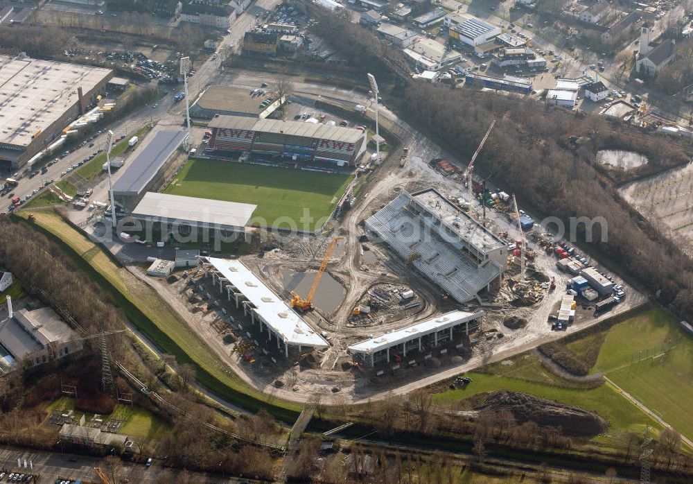 Essen from above - Construction of a modern football stadium at the Georg-Melches stadium in Essen, North Rhine-Westphalia