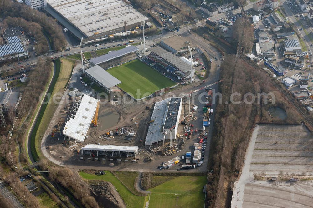 Essen from the bird's eye view: Construction of a modern football stadium at the Georg-Melches stadium in Essen, North Rhine-Westphalia