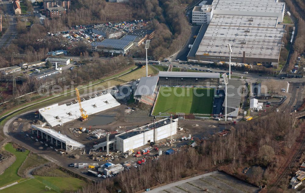 Aerial image Essen - Construction of a modern football stadium at the Georg-Melches stadium in Essen, North Rhine-Westphalia