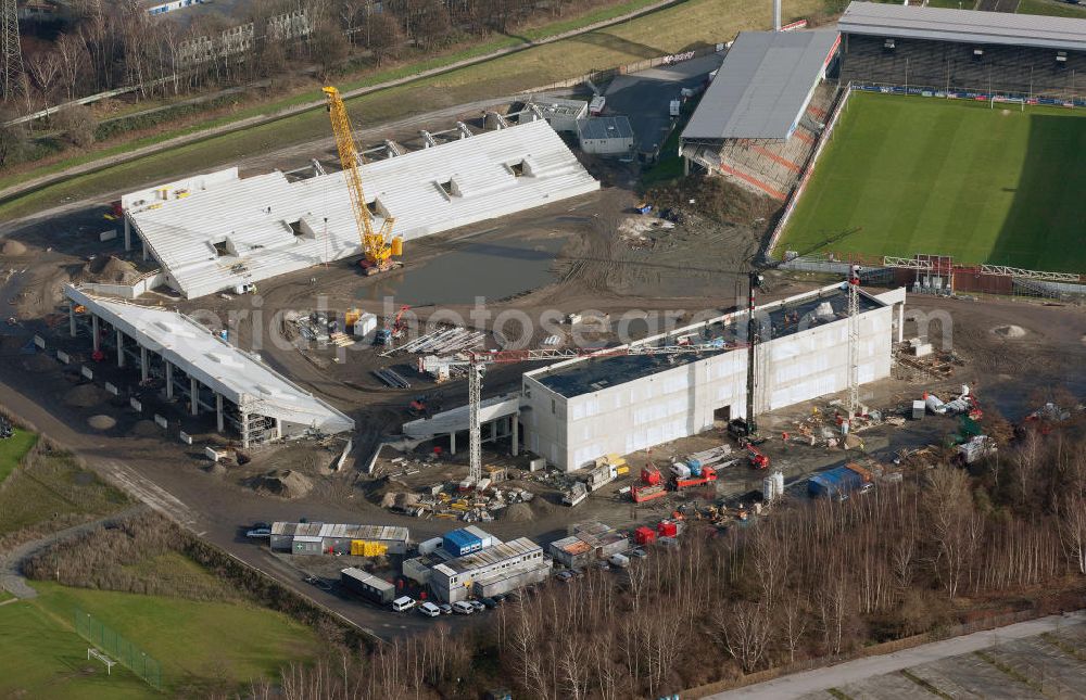 Aerial photograph Essen - Construction of a modern football stadium at the Georg-Melches stadium in Essen, North Rhine-Westphalia