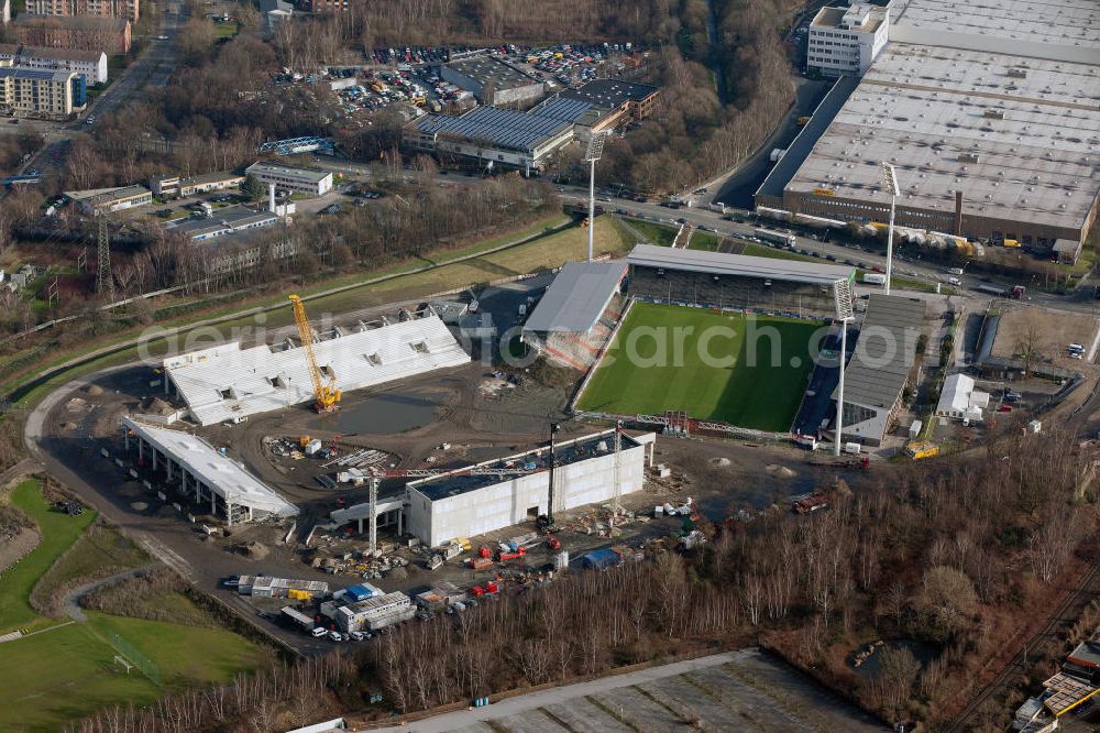 Essen from above - Construction of a modern football stadium at the Georg-Melches stadium in Essen, North Rhine-Westphalia