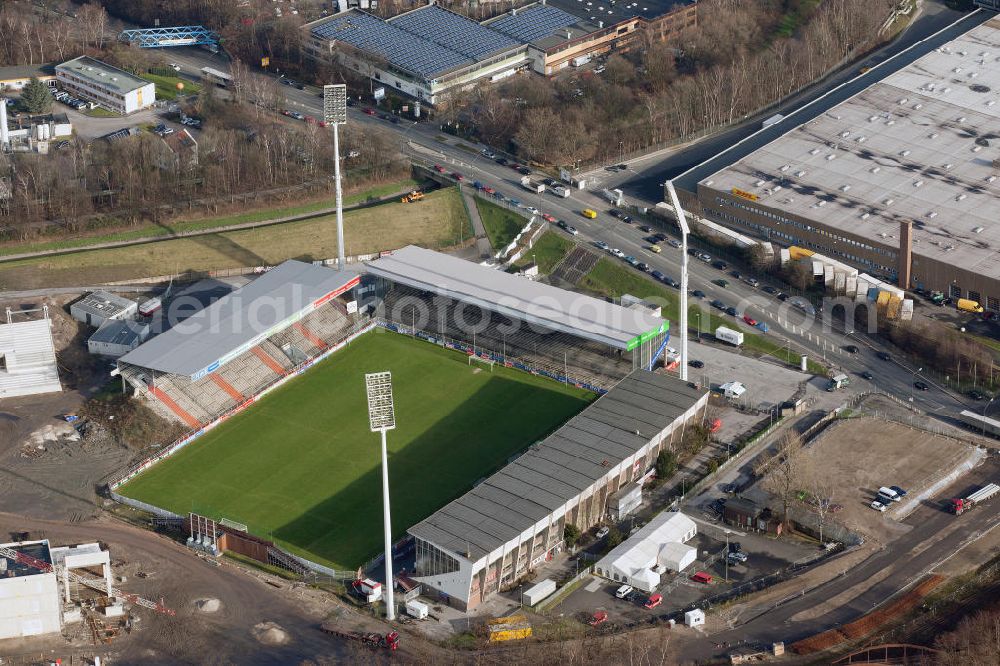 Essen from the bird's eye view: Construction of a modern football stadium at the Georg-Melches stadium in Essen, North Rhine-Westphalia