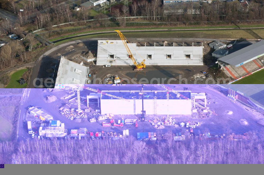 Aerial image Essen - Construction of a modern football stadium at the Georg-Melches stadium in Essen, North Rhine-Westphalia