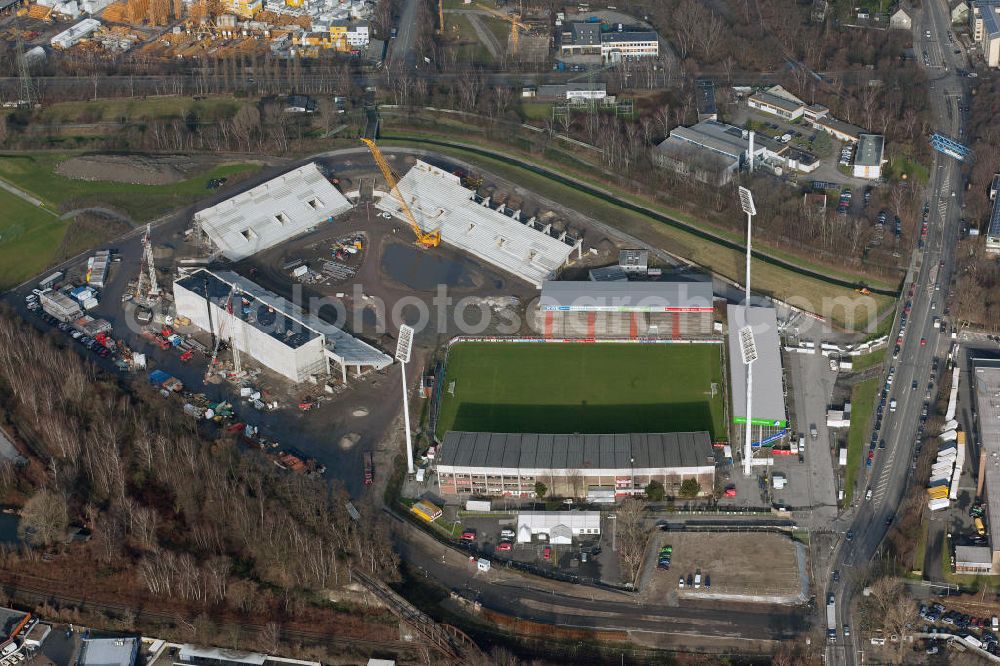 Aerial photograph Essen - Construction of a modern football stadium at the Georg-Melches stadium in Essen, North Rhine-Westphalia