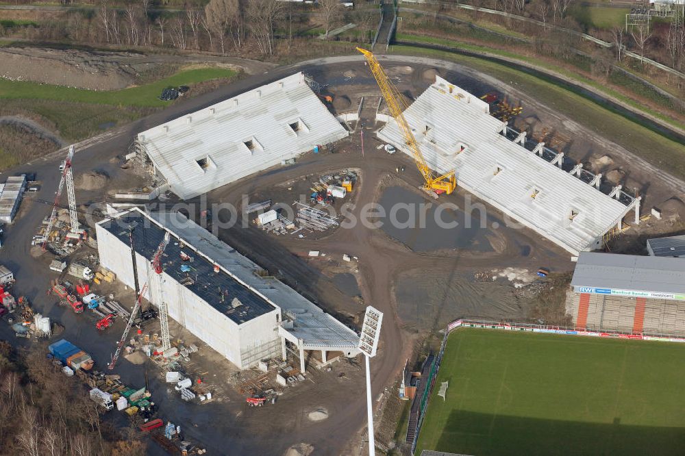 Essen from above - Construction of a modern football stadium at the Georg-Melches stadium in Essen, North Rhine-Westphalia