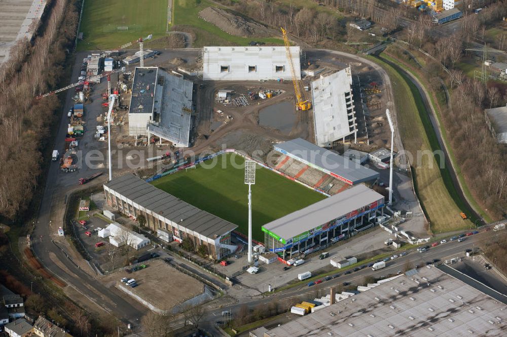 Essen from the bird's eye view: Construction of a modern football stadium at the Georg-Melches stadium in Essen, North Rhine-Westphalia