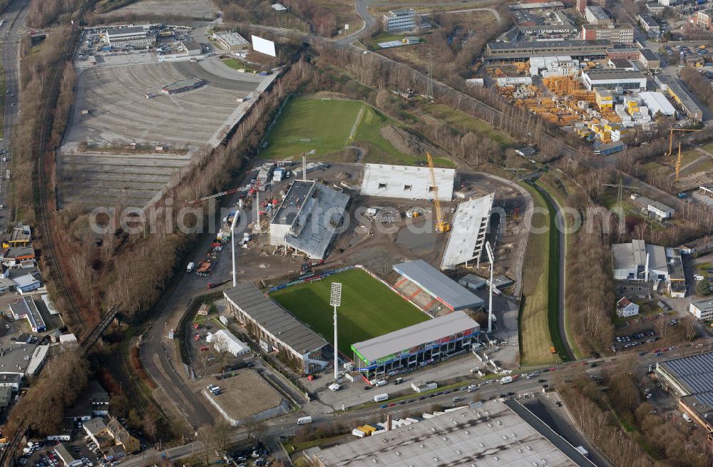 Aerial photograph Essen - Construction of a modern football stadium at the Georg-Melches stadium in Essen, North Rhine-Westphalia