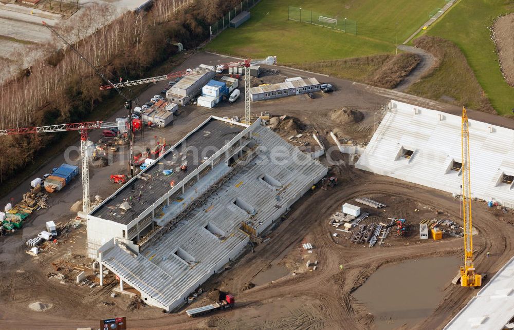 Essen from above - Construction of a modern football stadium at the Georg-Melches stadium in Essen, North Rhine-Westphalia