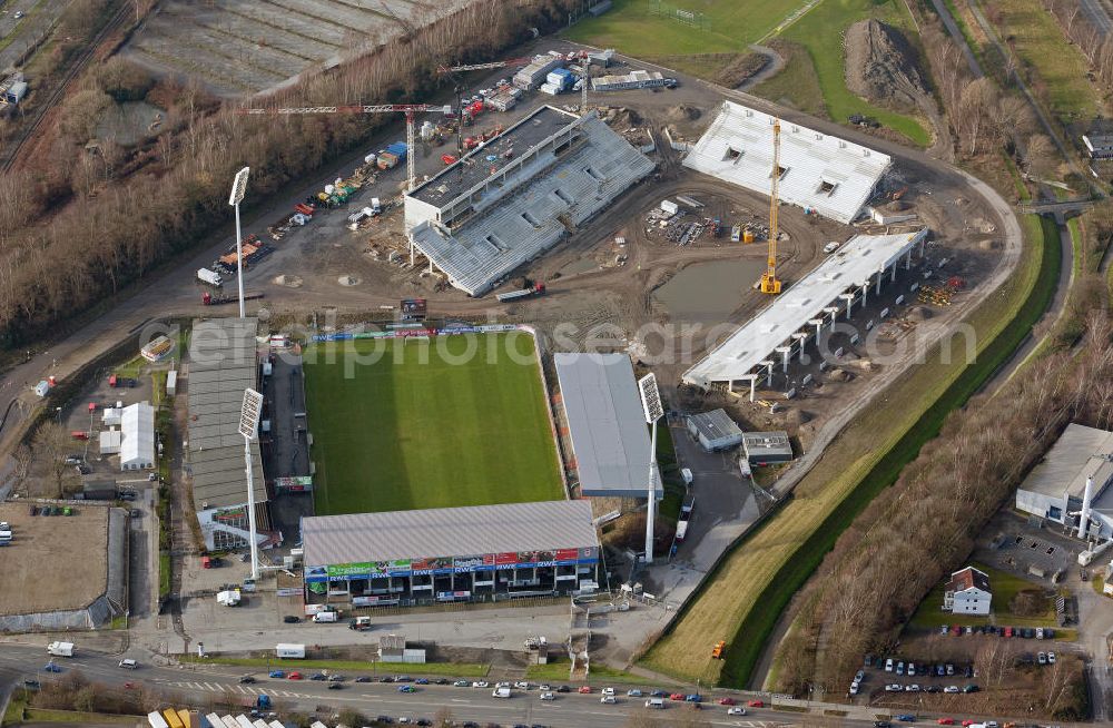 Essen from the bird's eye view: Construction of a modern football stadium at the Georg-Melches stadium in Essen, North Rhine-Westphalia