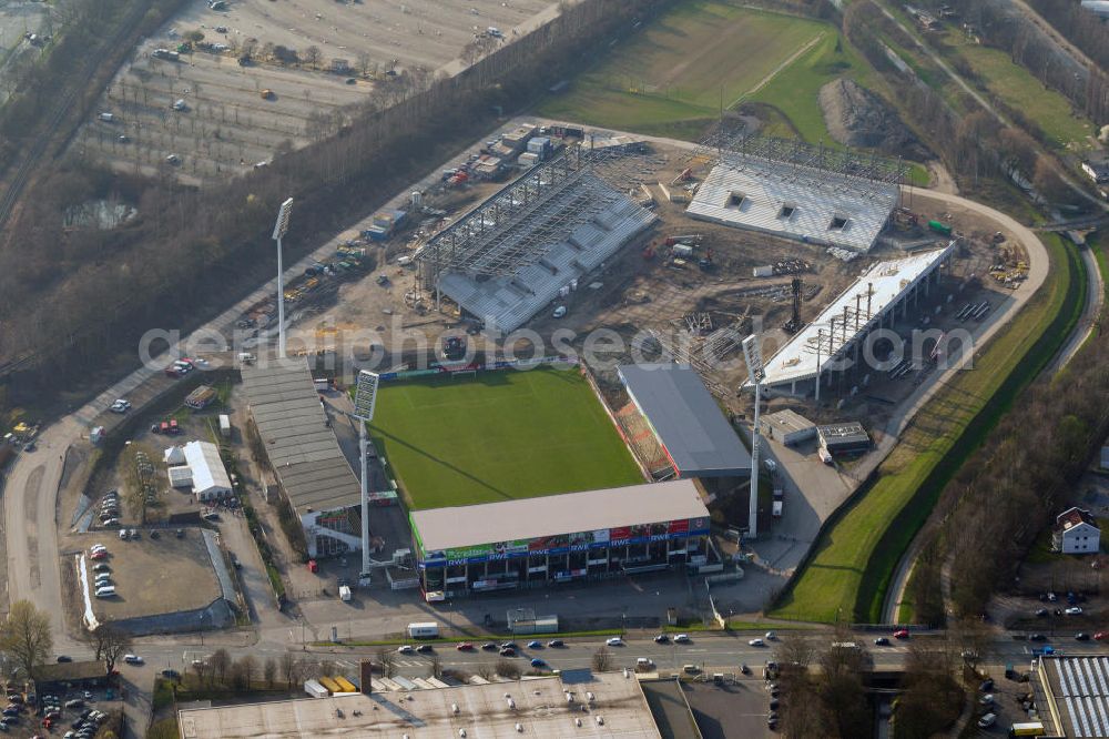 Essen from the bird's eye view: Construction of a modern football stadium at the Georg-Melches stadium in Essen, North Rhine-Westphalia