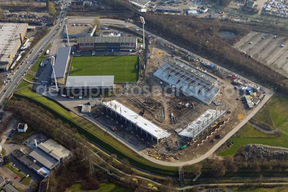 Aerial photograph Essen - Construction of a modern football stadium at the Georg-Melches stadium in Essen, North Rhine-Westphalia