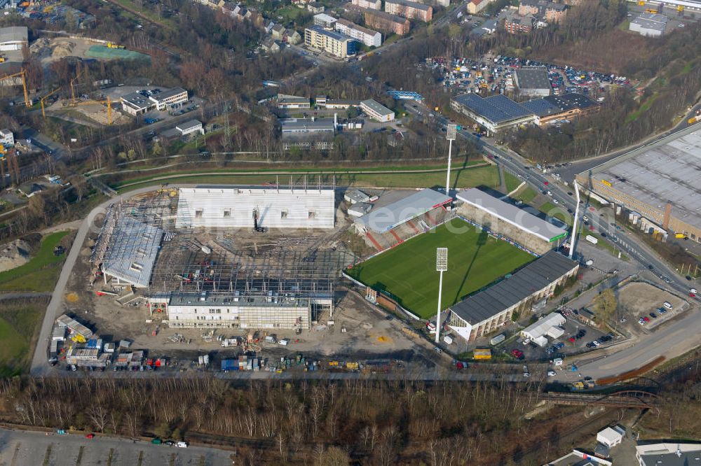 Essen from above - Construction of a modern football stadium at the Georg-Melches stadium in Essen, North Rhine-Westphalia