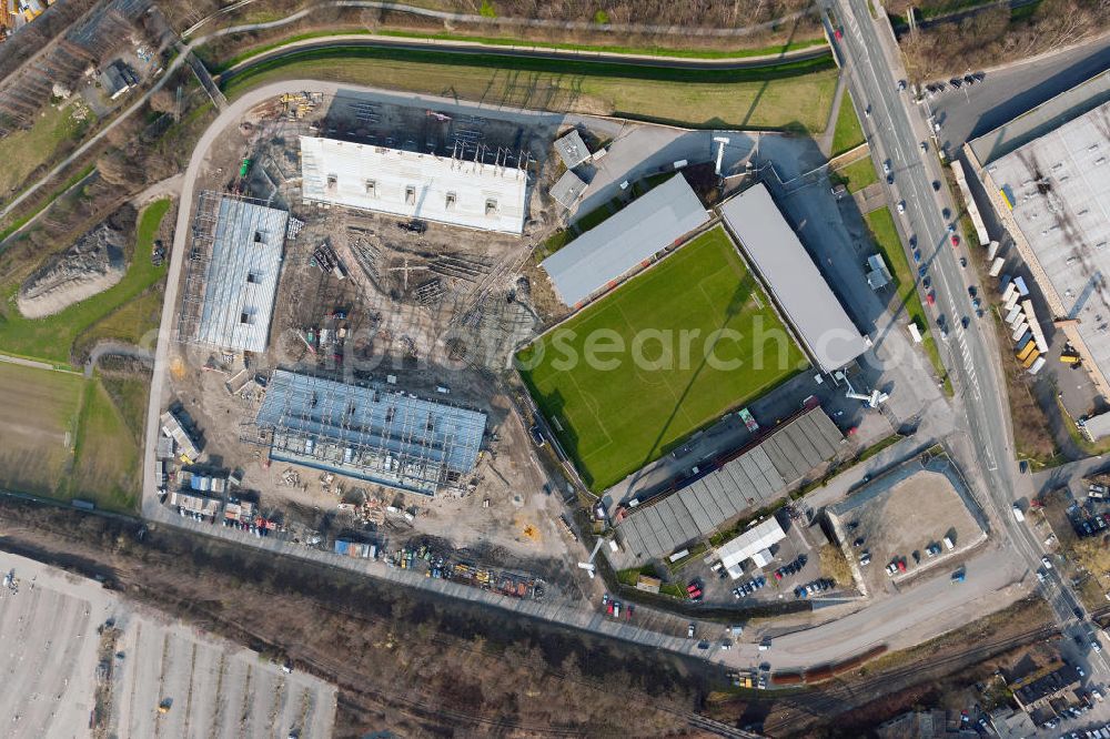 Essen from the bird's eye view: Construction of a modern football stadium at the Georg-Melches stadium in Essen, North Rhine-Westphalia