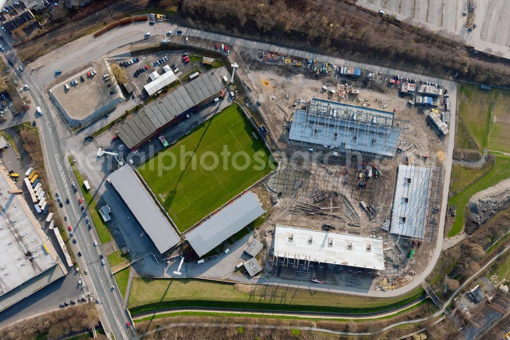 Aerial image Essen - Construction of a modern football stadium at the Georg-Melches stadium in Essen, North Rhine-Westphalia