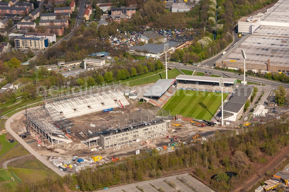 Essen from the bird's eye view: Construction of a modern football stadium at the Georg-Melches stadium in Essen, North Rhine-Westphalia