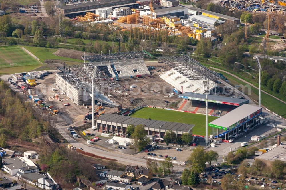 Aerial image Essen - Construction of a modern football stadium at the Georg-Melches stadium in Essen, North Rhine-Westphalia