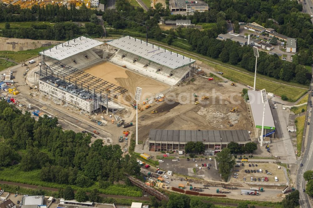 Aerial photograph Essen - Construction of a modern football stadium at the Georg-Melches stadium in Essen, North Rhine-Westphalia