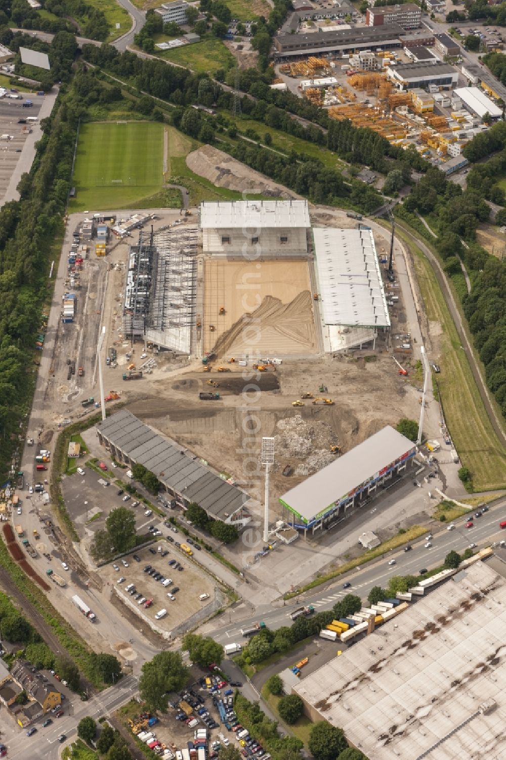 Essen from above - Construction of a modern football stadium at the Georg-Melches stadium in Essen, North Rhine-Westphalia