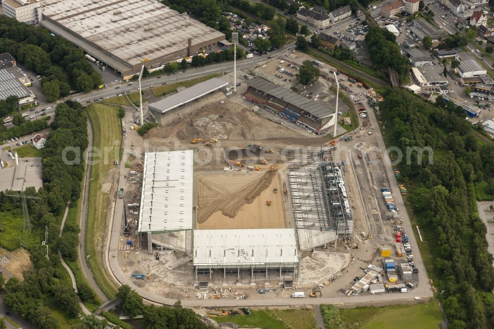 Essen from the bird's eye view: Construction of a modern football stadium at the Georg-Melches stadium in Essen, North Rhine-Westphalia