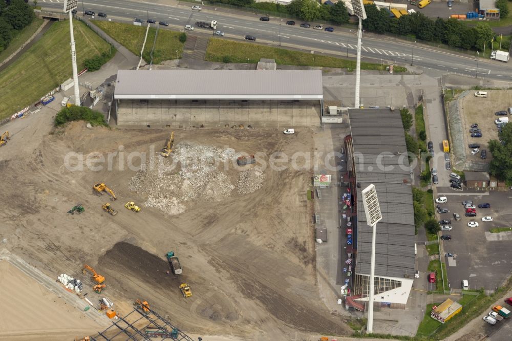 Aerial photograph Essen - Construction of a modern football stadium at the Georg-Melches stadium in Essen, North Rhine-Westphalia