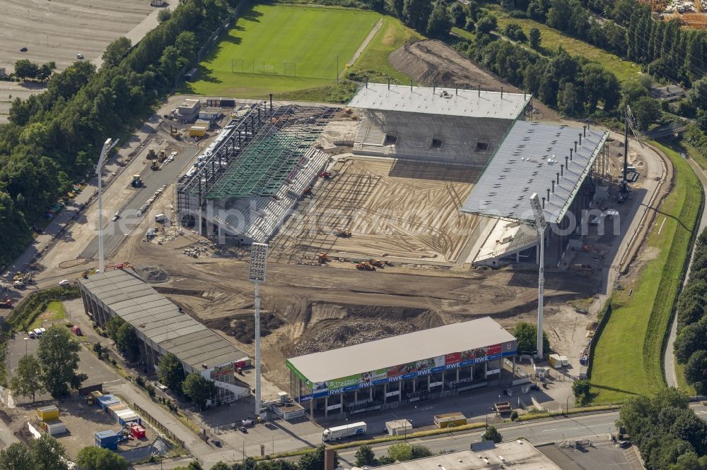 Essen from above - Construction of a modern football stadium at the Georg-Melches stadium in Essen, North Rhine-Westphalia