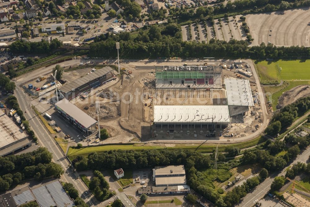 Essen from the bird's eye view: Construction of a modern football stadium at the Georg-Melches stadium in Essen, North Rhine-Westphalia