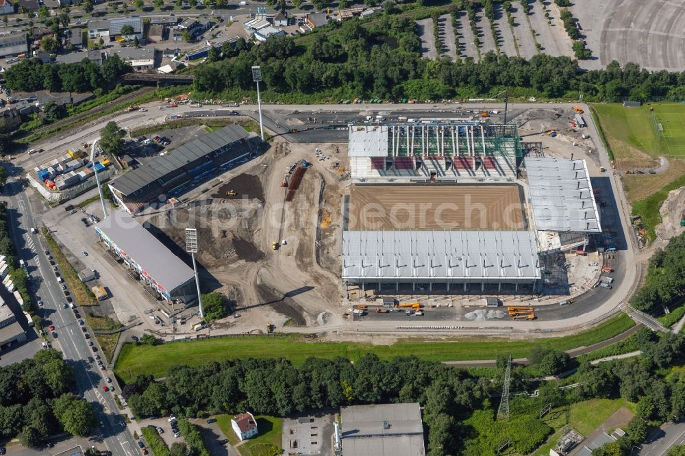 Essen from above - Construction of a modern football stadium at the Georg-Melches stadium in Essen, North Rhine-Westphalia