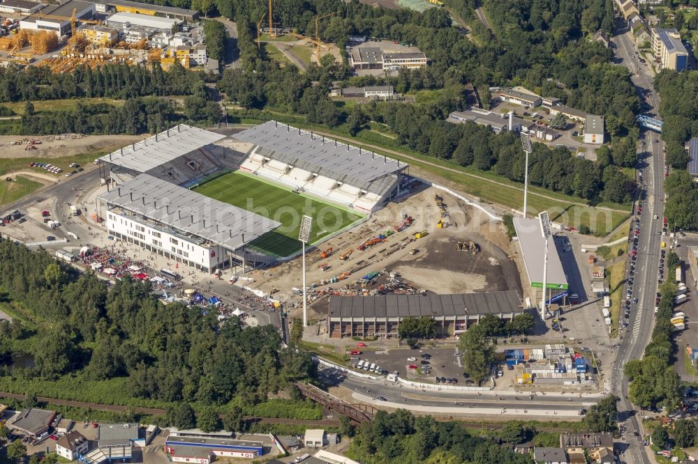 Essen from above - Construction of a modern football stadium at the Georg-Melches stadium in Essen, North Rhine-Westphalia