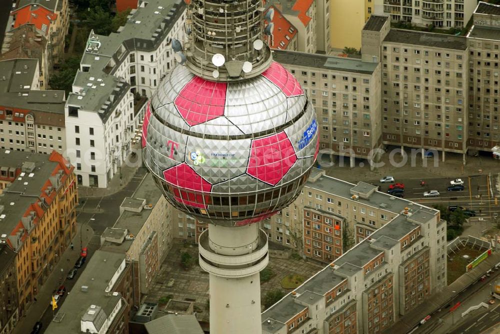 Berlin from above - Blick auf die Fußballwerbung auf dem Berliner Fernsehturm