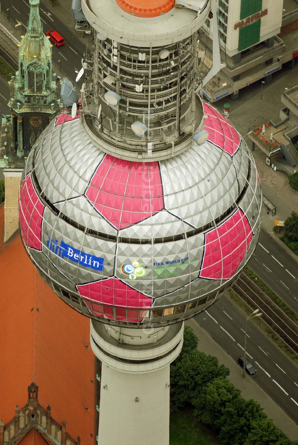 Berlin from above - Blick auf die Fußballwerbung auf dem Berliner Fernsehturm