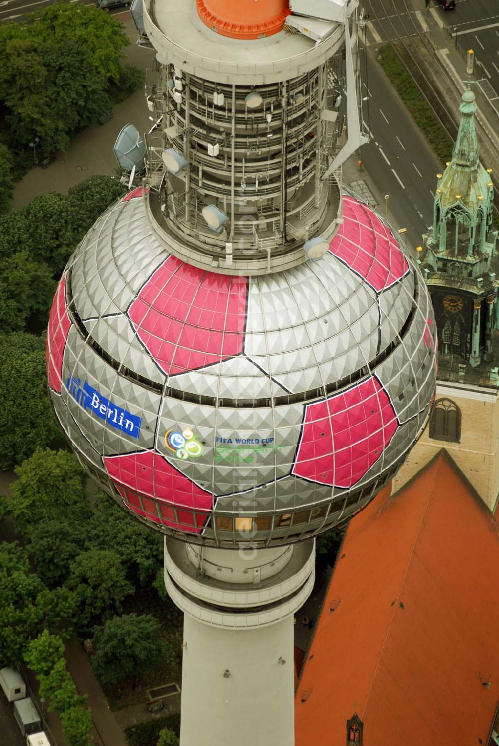 Aerial image Berlin - Blick auf die Fußballwerbung auf dem Berliner Fernsehturm