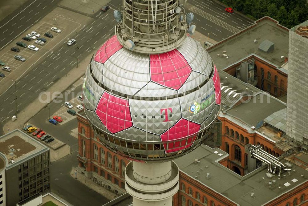 Berlin from above - Blick auf die Fußballwerbung auf dem Berliner Fernsehturm