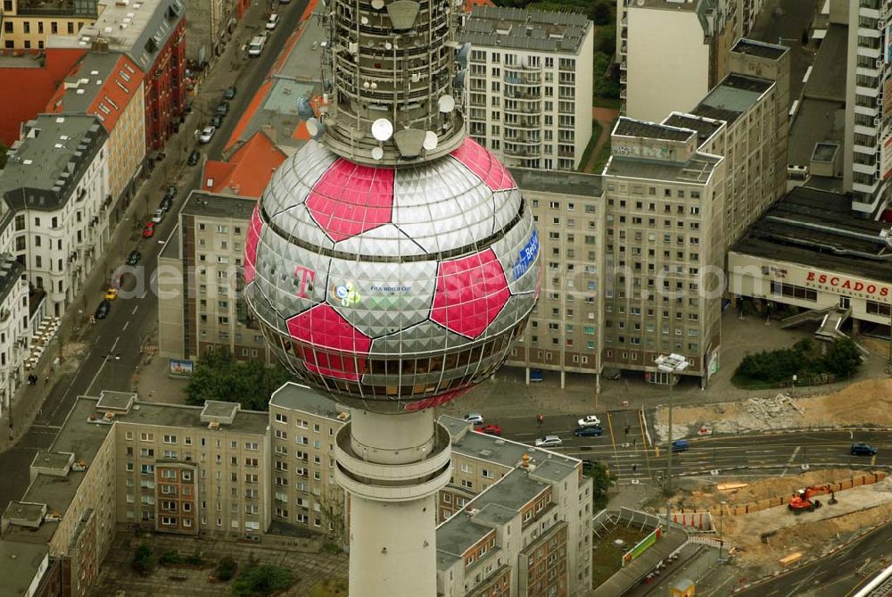 Berlin from above - Blick auf die Fußballwerbung auf dem Berliner Fernsehturm