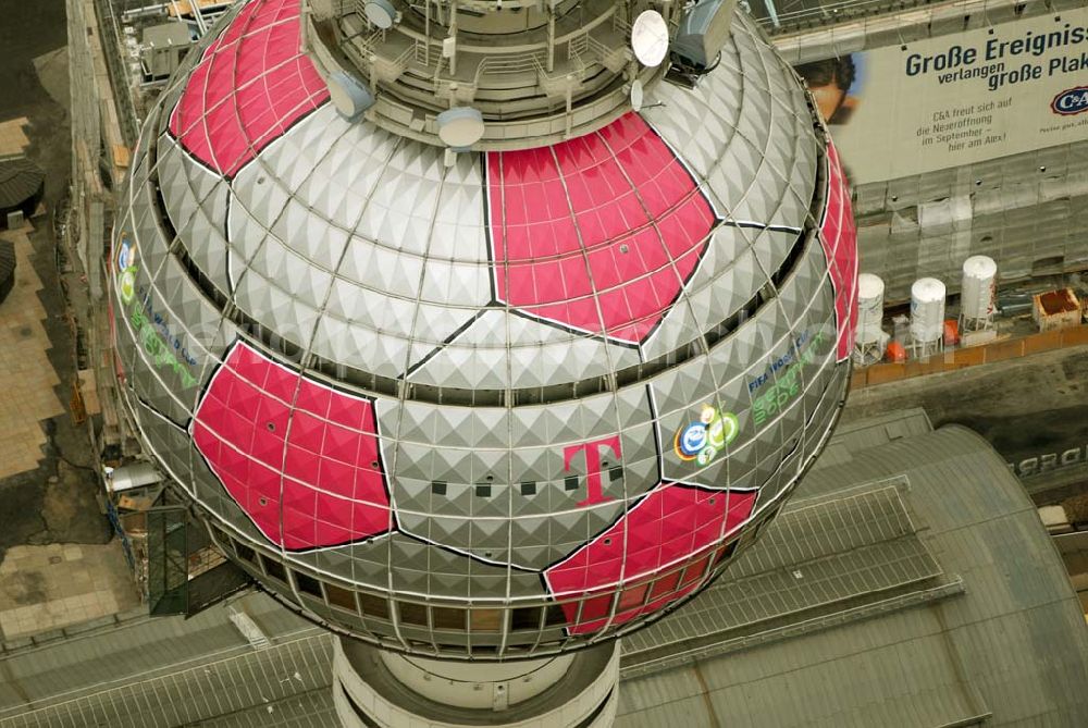 Aerial image Berlin - Blick auf die Fußballwerbung auf dem Berliner Fernsehturm