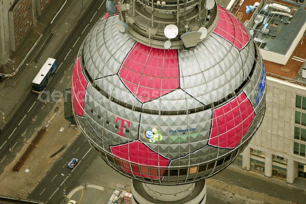 Berlin from above - Blick auf die Fußballwerbung auf dem Berliner Fernsehturm