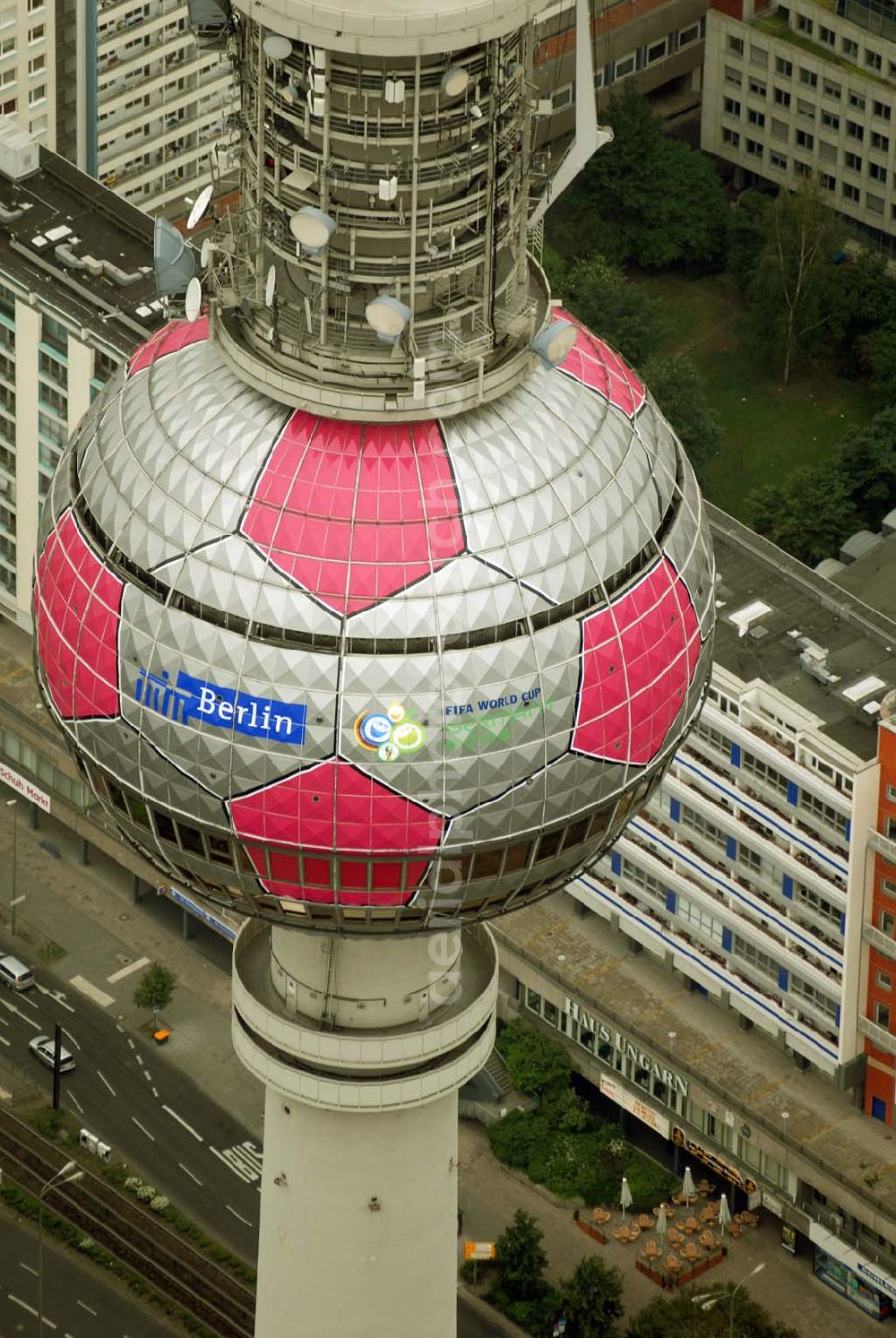 Aerial image Berlin - Blick auf die Fußballwerbung auf dem Berliner Fernsehturm