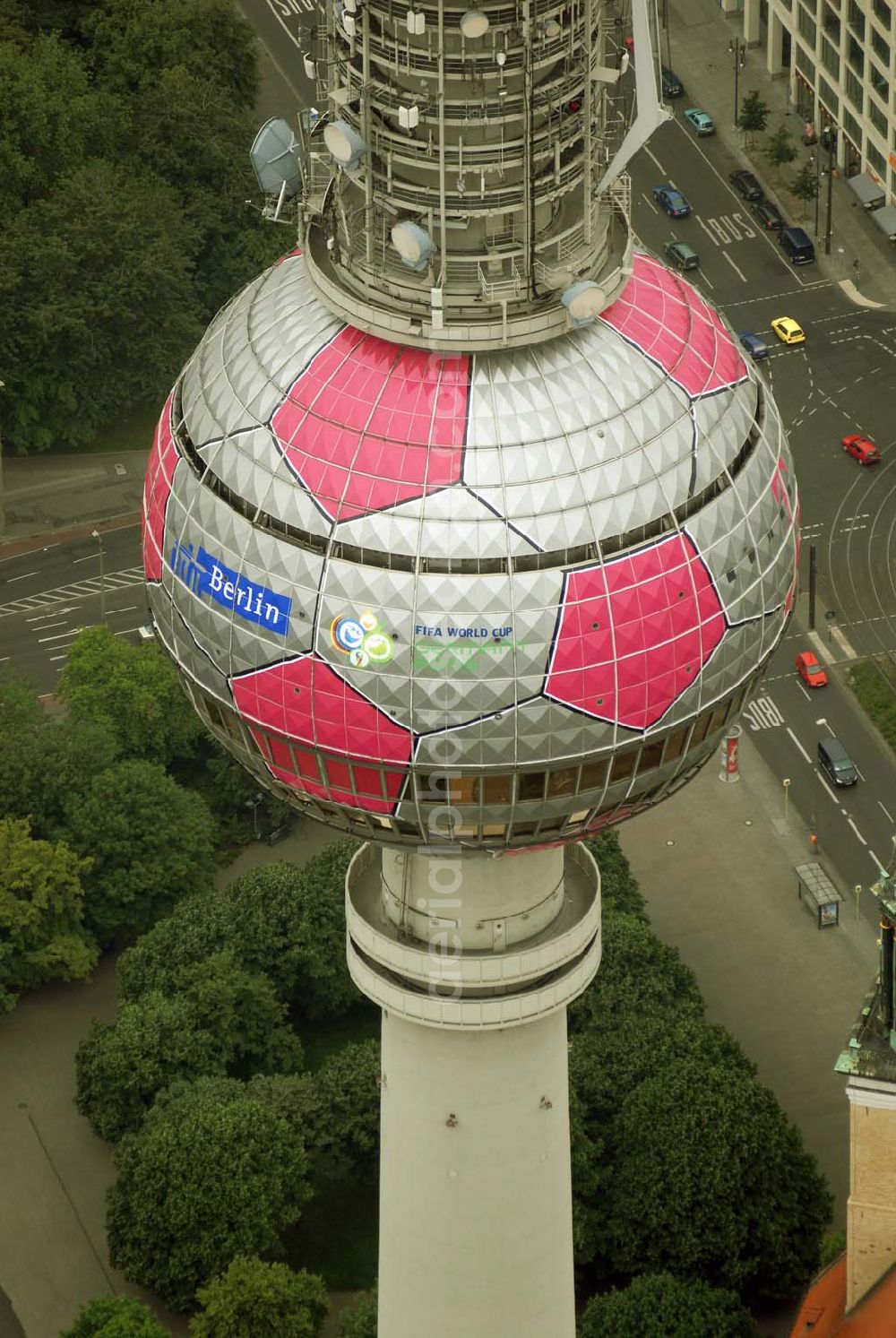 Aerial photograph Berlin - Blick auf die Fußballwerbung auf dem Berliner Fernsehturm