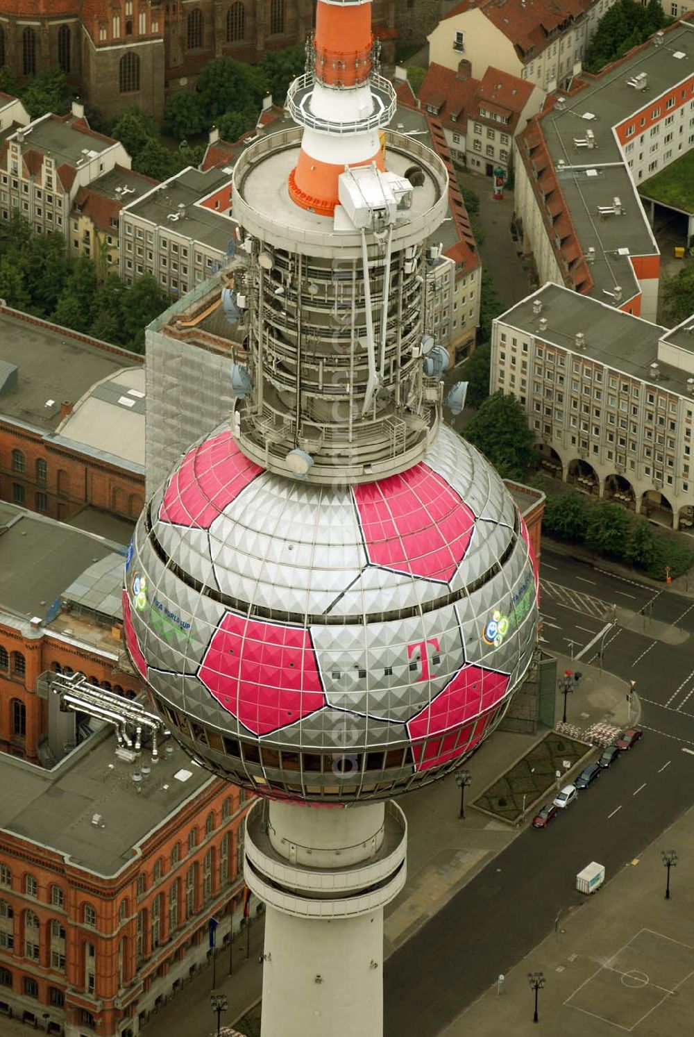 Berlin from above - Blick auf die Fußballwerbung auf dem Berliner Fernsehturm