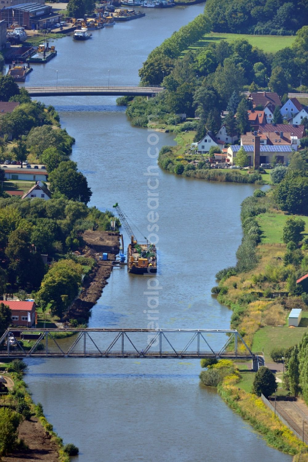 Genthin from above - View over the pedestrian bridge and Genthiner road bridge over the Elbe-Havel-Canel in the state Saxony-Anhalt