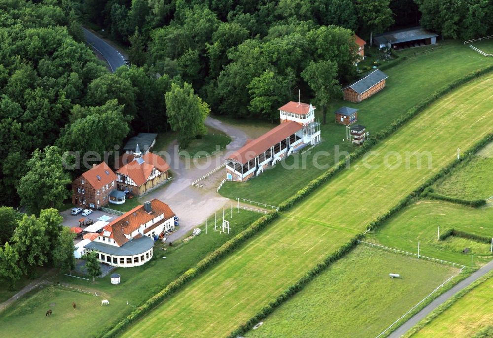 Gotha-Boxberg from the bird's eye view: In the district of Gotha Boxberg in Thuringia is a racecourse. The former ducal equestrian facility is equipped with magnificent stands in Victorian style. On the turf of the Grand Prix of Thuringia was repeatedly aligned. Today the area is also used for various events